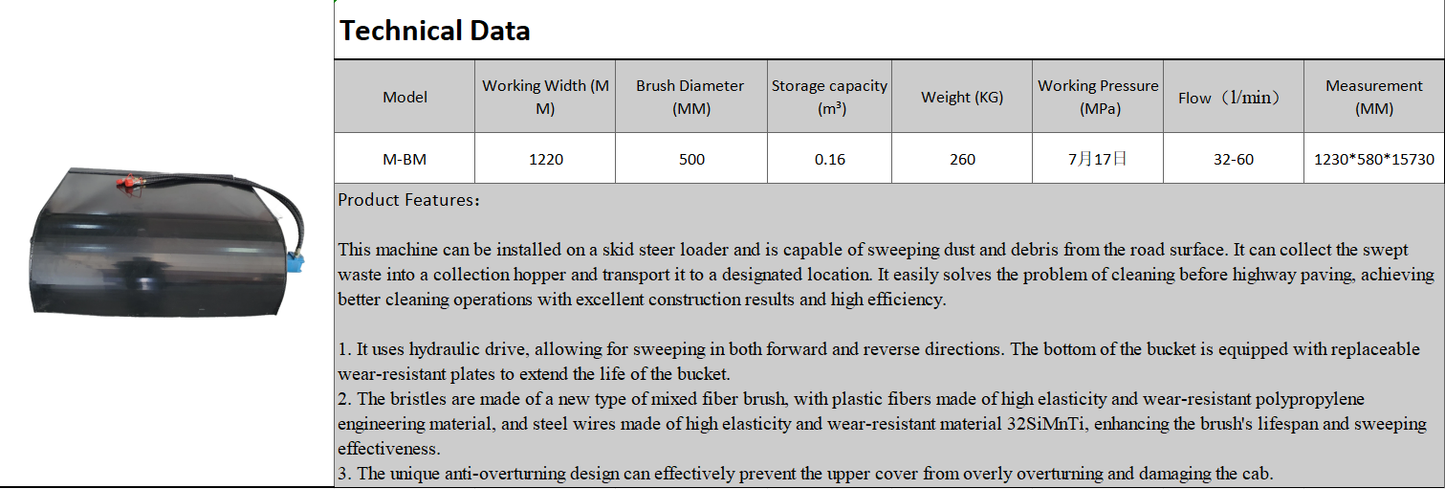 Broom Sweeper Attachment for Mini Skid Steers M-BM